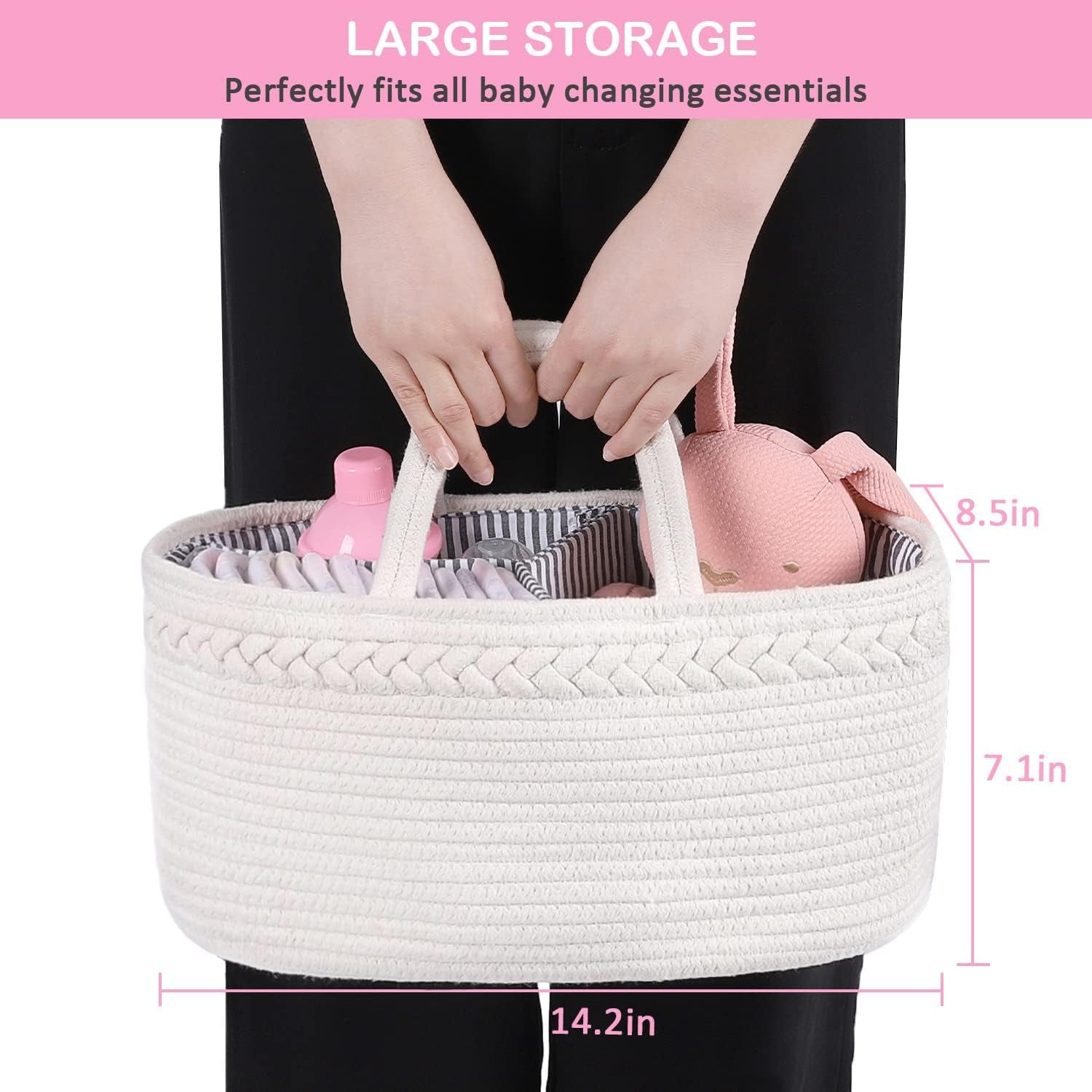 Baby Diaper Caddy Organizer, Boho Rope Nursery Storage Baby Basket Bin Gift Bags for Boys Girls, Portable Caddy Organizer for Changing Table Car, Ideal Gift Baby Shower Basket (White)