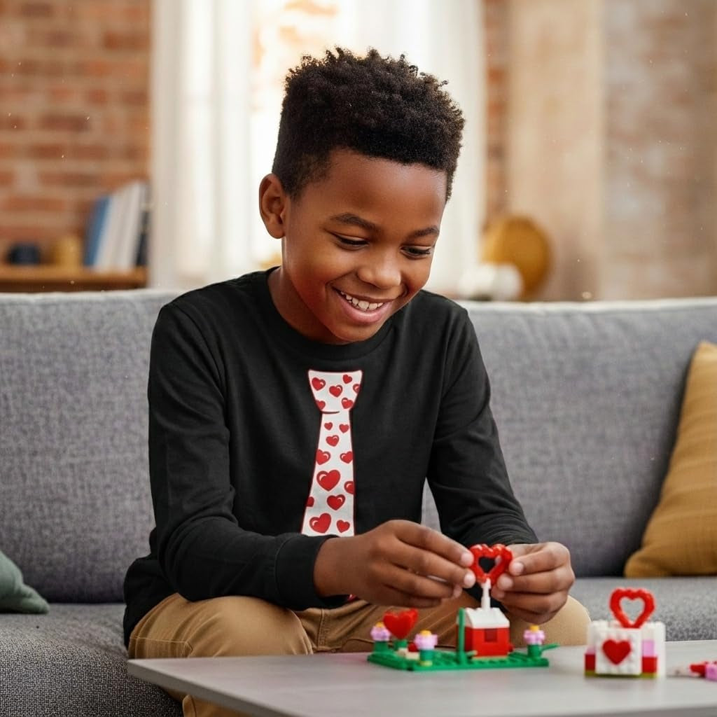 Red Hearts Tie Kids Valentines Day Shirt - ABC I Love You Long Sleeve Tee for Toddlers & Youth Boys Girls