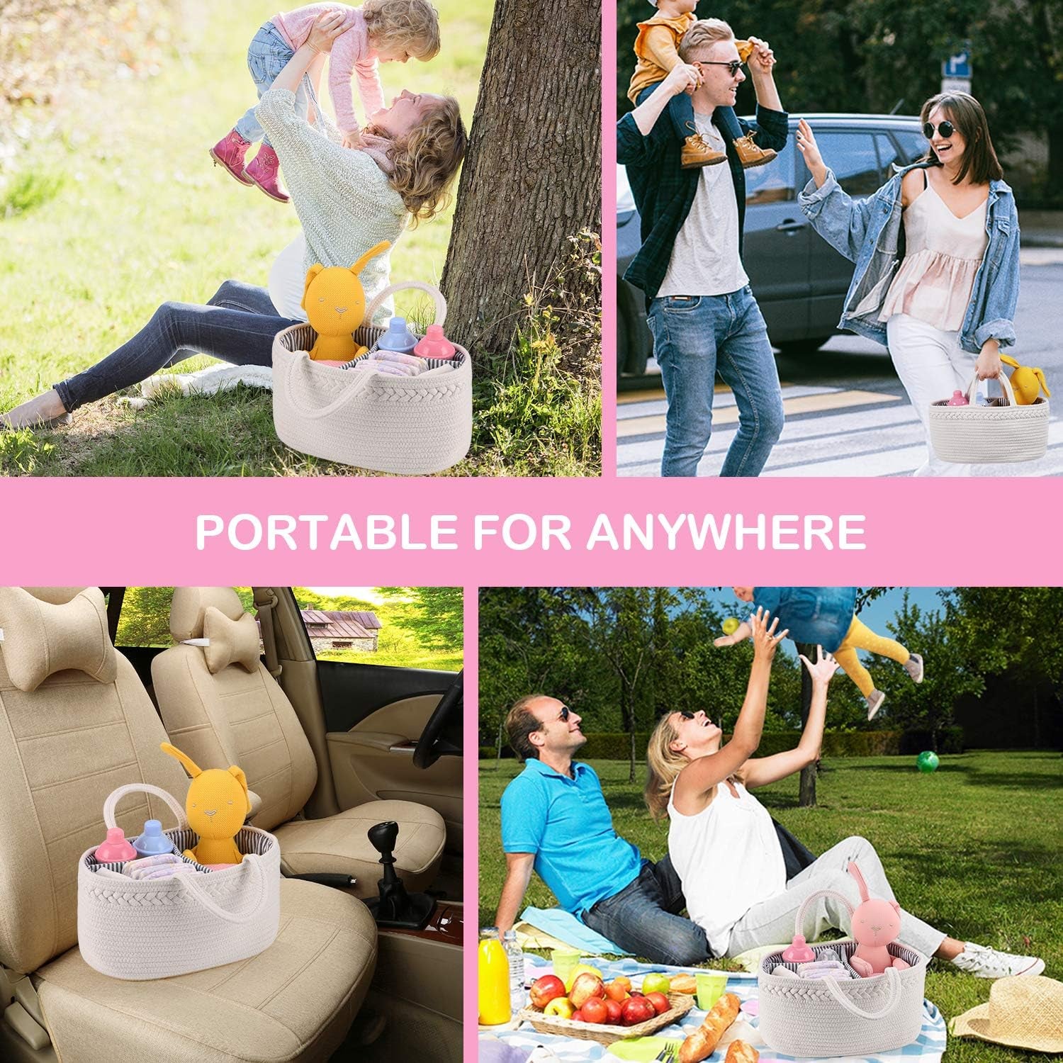 Baby Diaper Caddy Organizer, Boho Rope Nursery Storage Baby Basket Bin Gift Bags for Boys Girls, Portable Caddy Organizer for Changing Table Car, Ideal Gift Baby Shower Basket (White)