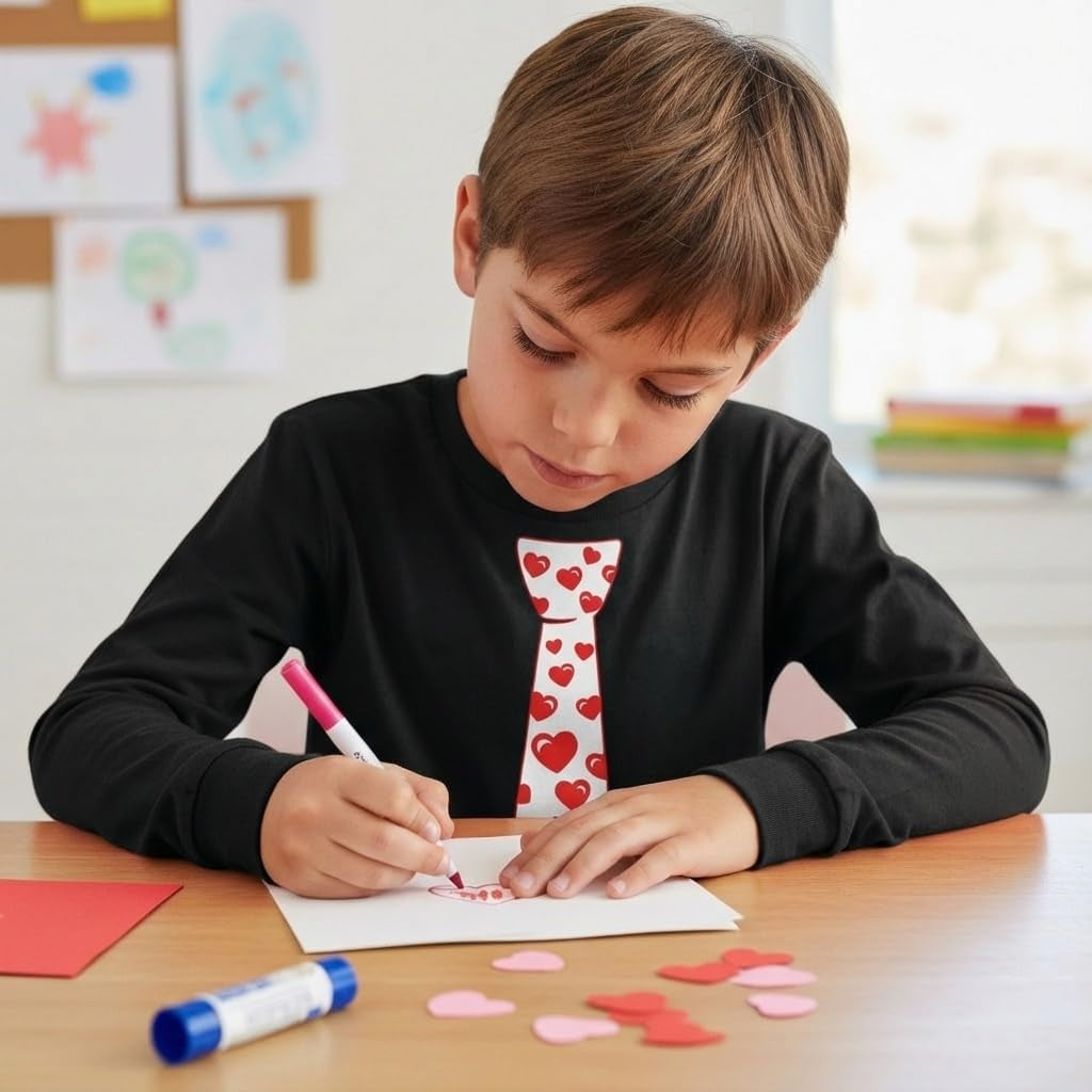 Red Hearts Tie Kids Valentines Day Shirt - ABC I Love You Long Sleeve Tee for Toddlers & Youth Boys Girls