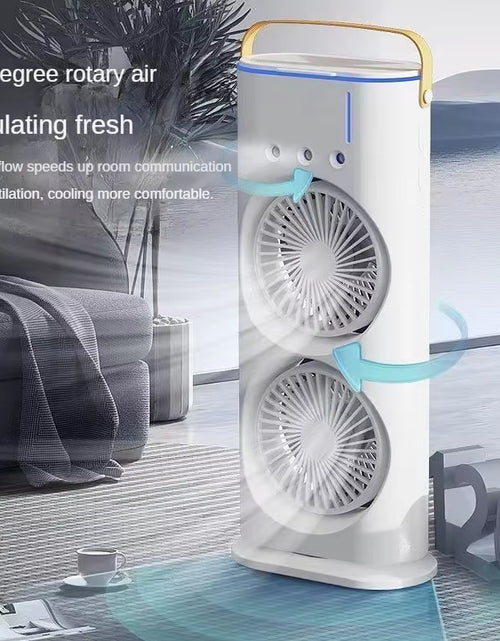 Load image into Gallery viewer, BreezeGlow™ 2-in-1 Dual Mist Cooling Fan – Chill, Hydrate &amp; Light Up Your Space

