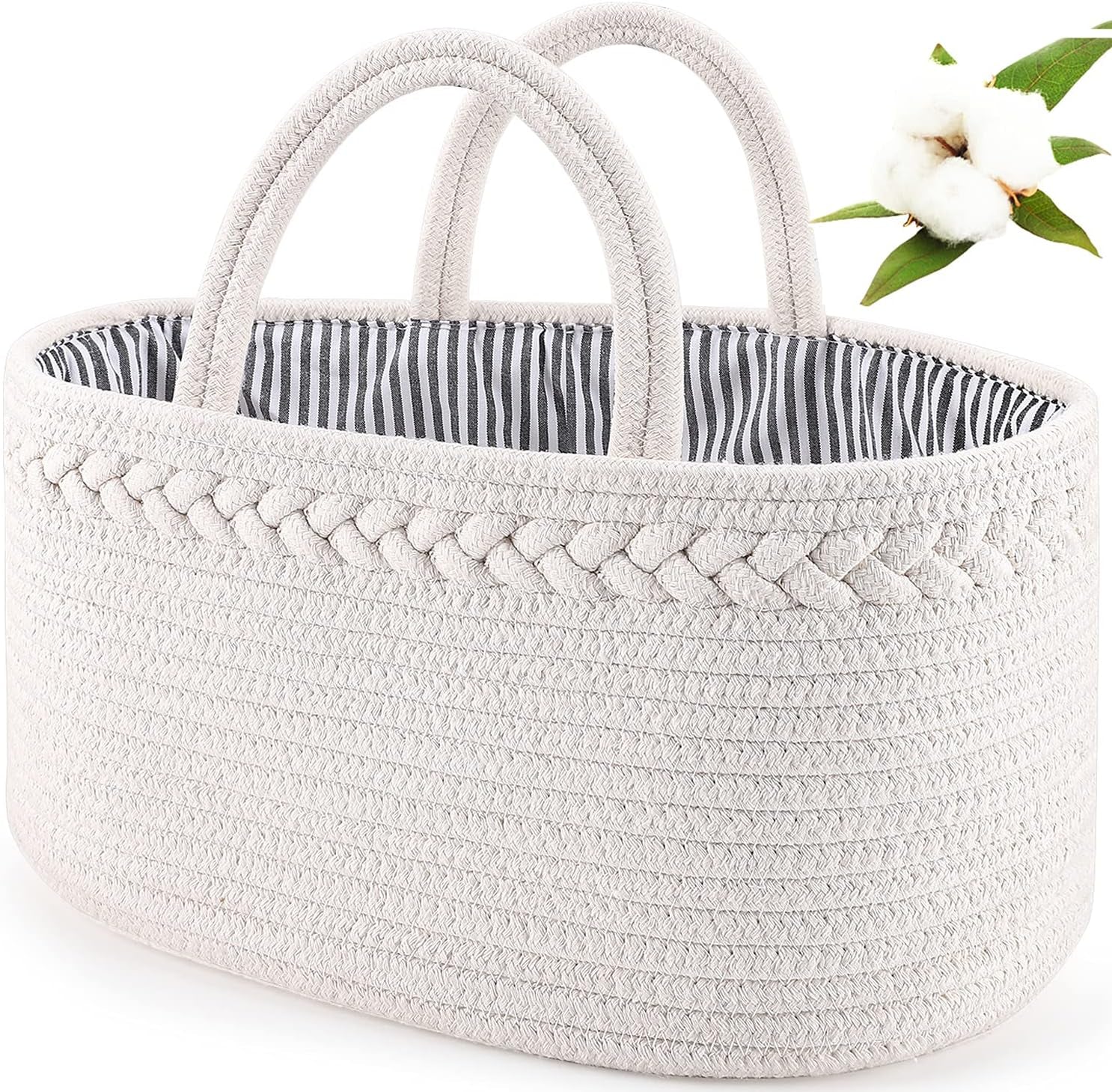 Baby Diaper Caddy Organizer, Boho Rope Nursery Storage Baby Basket Bin Gift Bags for Boys Girls, Portable Caddy Organizer for Changing Table Car, Ideal Gift Baby Shower Basket (White)