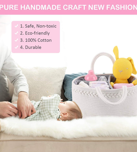Baby Diaper Caddy Organizer, Boho Rope Nursery Storage Baby Basket Bin Gift Bags for Boys Girls, Portable Caddy Organizer for Changing Table Car, Ideal Gift Baby Shower Basket (White)