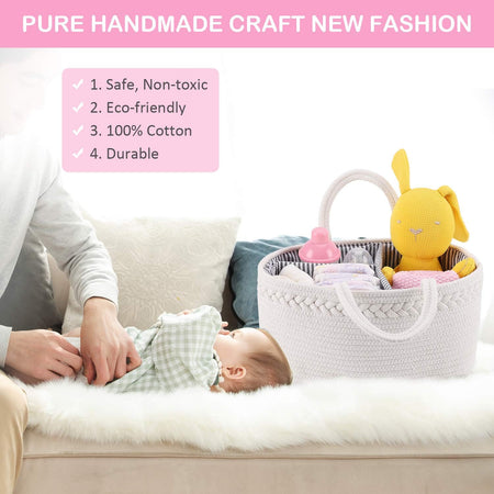 Baby Diaper Caddy Organizer, Boho Rope Nursery Storage Baby Basket Bin Gift Bags for Boys Girls, Portable Caddy Organizer for Changing Table Car, Ideal Gift Baby Shower Basket (White)