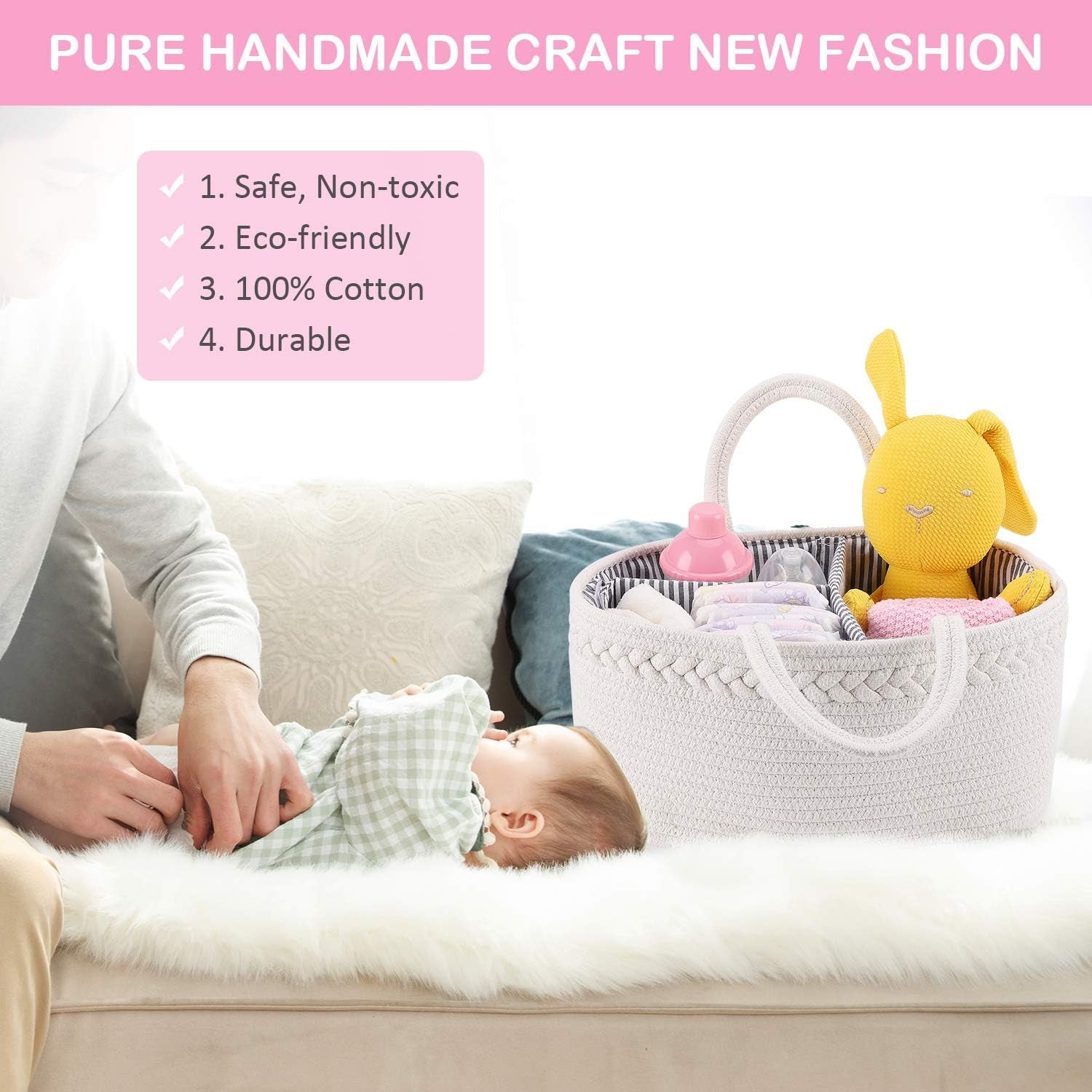 Baby Diaper Caddy Organizer, Boho Rope Nursery Storage Baby Basket Bin Gift Bags for Boys Girls, Portable Caddy Organizer for Changing Table Car, Ideal Gift Baby Shower Basket (White)